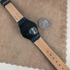 Rare Vintage Swatch Watch Moon Phase, Gold Plated Front Black Plastic Reverse Rare Vintage Swatch Moon Phase Watch. For Sale at Ruby Lane main image 4